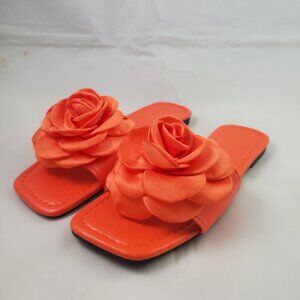Women's Slip On Sandals Rose Flower Applique Orange Slides